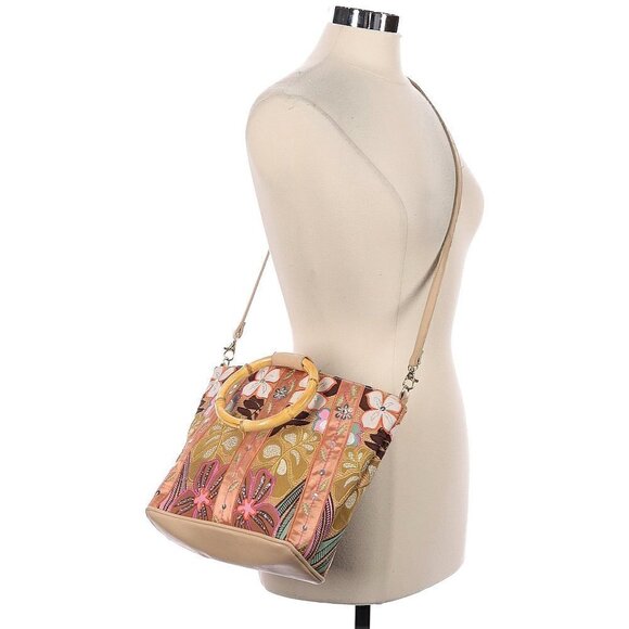 NWOT RARE Bueno Floral Embroidered Sequins Bamboo Handles Boho Satchel - Picture 2 of 11
